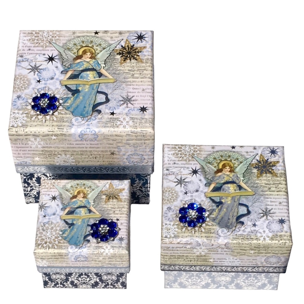 Punch Studio Celestial Angel Brooch Embellished Trinket Nesting Cube Boxes, 3 ct